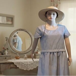 CLASSIC BLUE & WHITE PIN STRIPPED SUMMER SHIFT DRESS. COMFY & SLENDERIZING.NWT.S